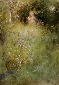 Carl Larsson : A Fairy, or Kersti, and a View of a Meadow